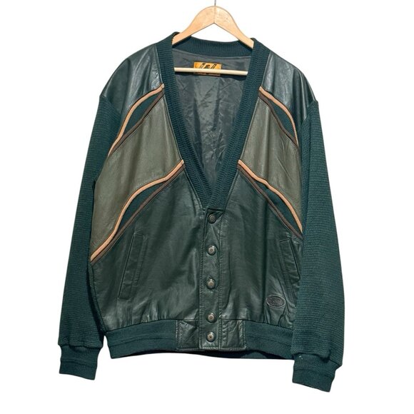 Vintage Trutus Biancara Green Leather Cardigan Sweater 80s 90s Mens Size 2X - Picture 1 of 12